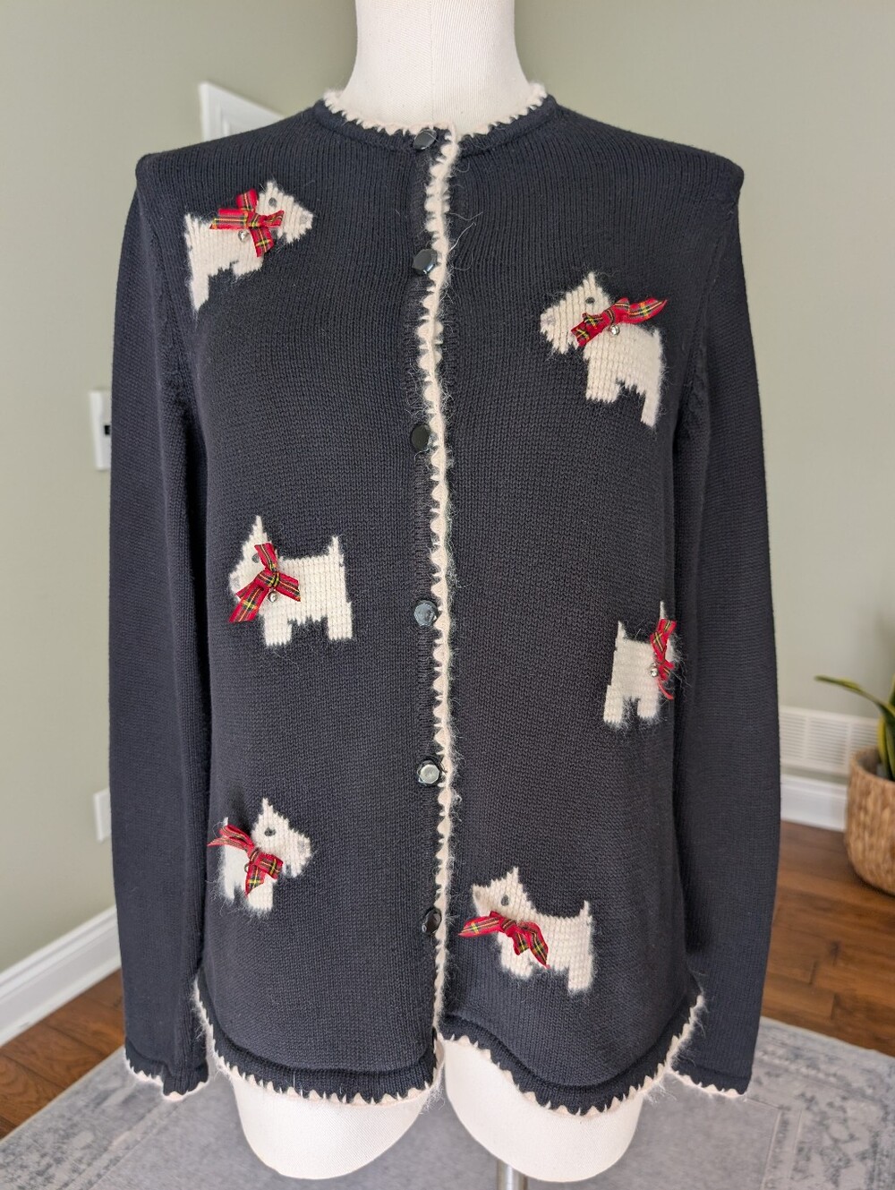 Vintage Tabi Scottie Dog Christmas Sweater Holiday Cardigan M